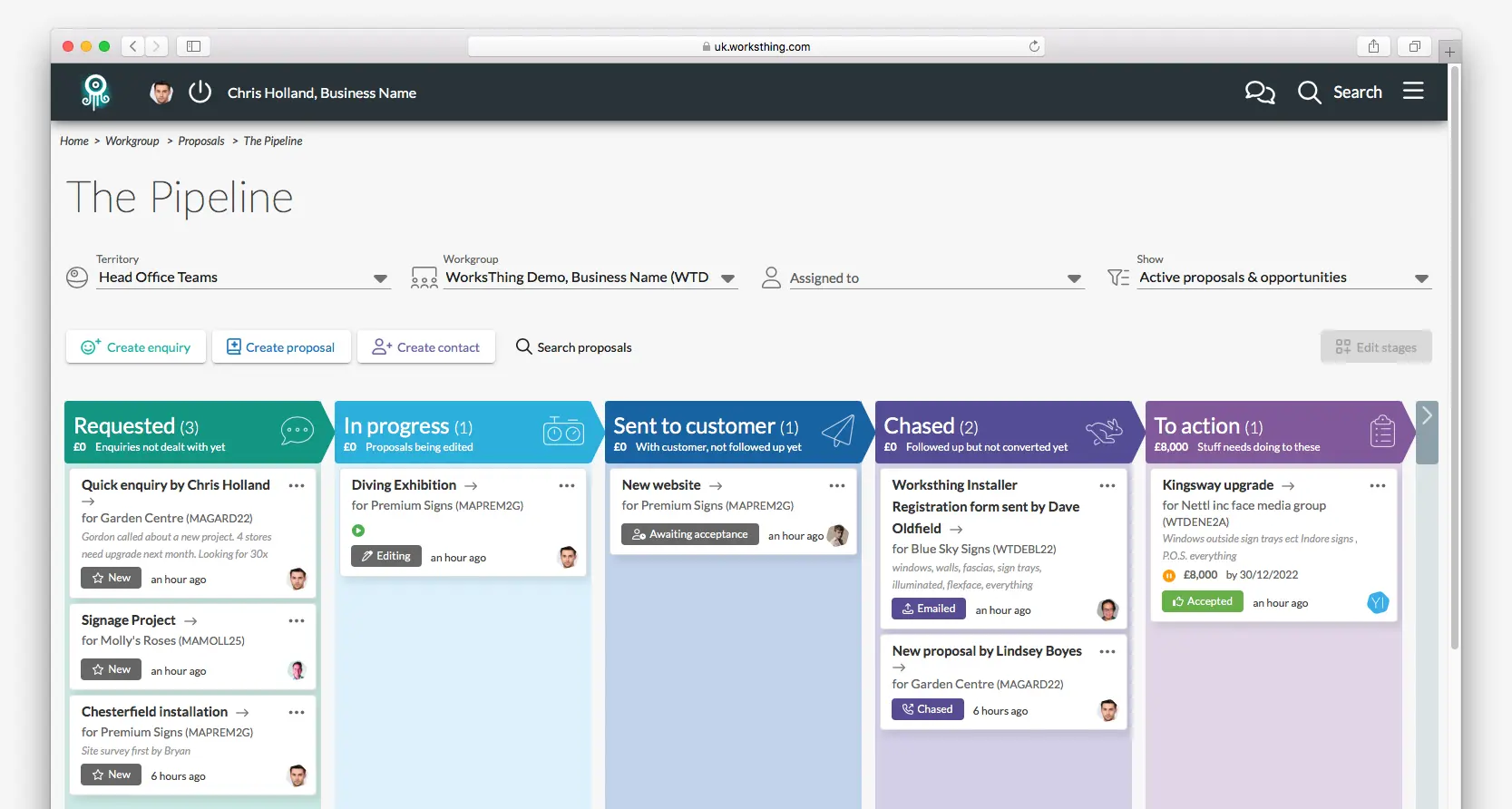 Keep track of every proposal from draft to done deal with a clear Kanban-style dashboard built into proposal composer.